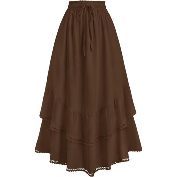 Maxi Skirts High Waist Drawstring with Pockets Brown - Picture 1 of 6